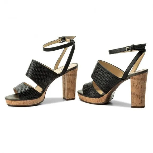 Geox Mauvelle Black Leather ankle strap block heel sandal platform dress shoes 8