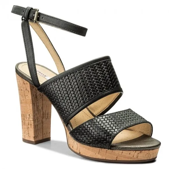 Geox Mauvelle Black Leather ankle strap block heel sandal platform dress shoes 8