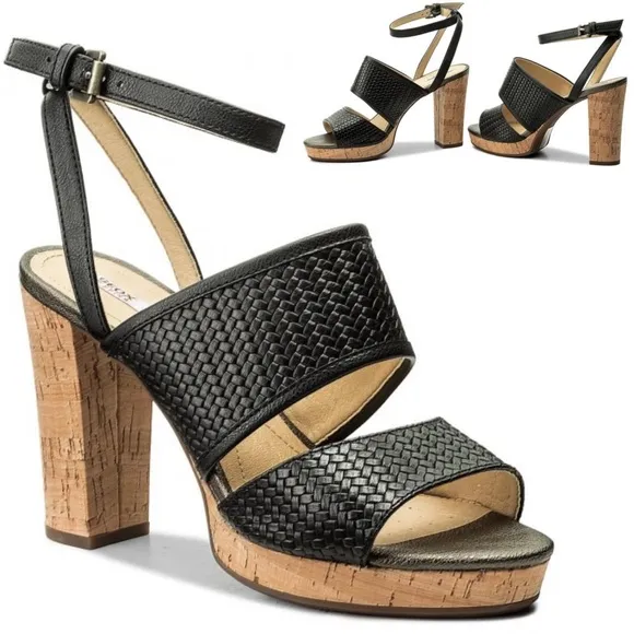 Geox Mauvelle Black Leather ankle strap block heel sandal platform dress shoes 8
