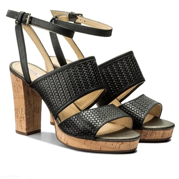 Geox Mauvelle Black Leather ankle strap block heel sandal platform dress shoes 8