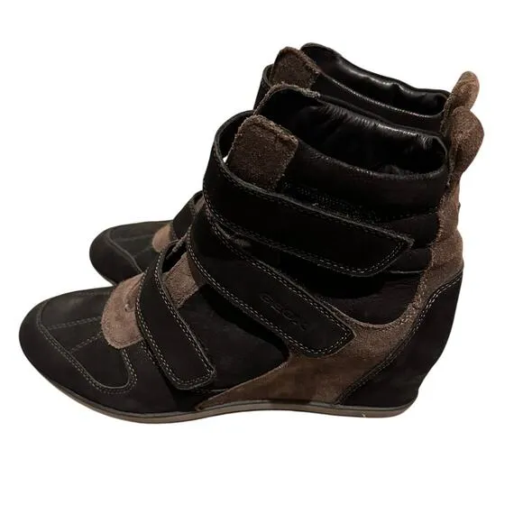 Geox Respira High Top Wedge Sneakers Booties, Black Brown, size 10 (40)