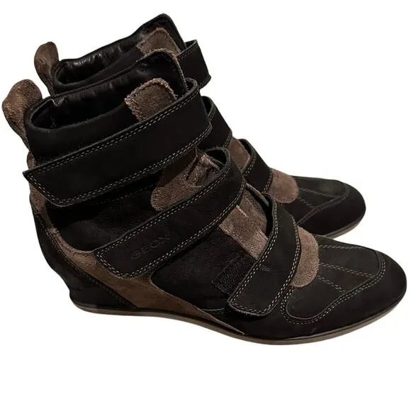 Geox Respira High Top Wedge Sneakers Booties, Black Brown, size 10 (40)