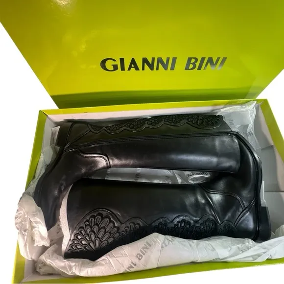 Gianni Bini Alybeth Boots 8.5 black low heel new in box embroidered leather