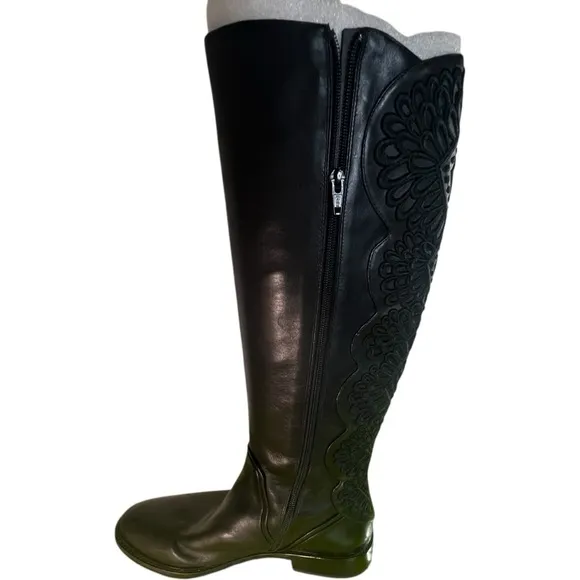 Gianni Bini Alybeth Boots 8.5 black low heel new in box embroidered leather