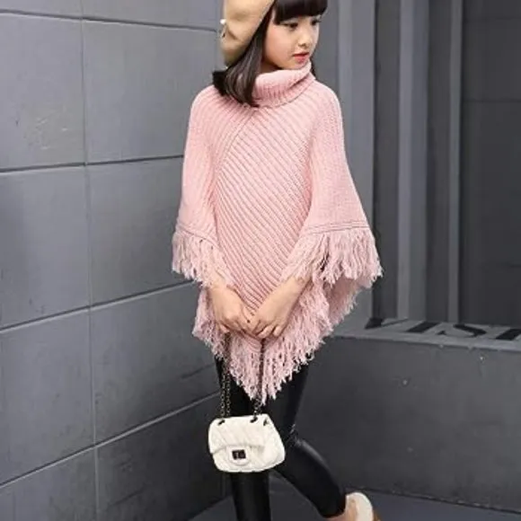 Girls Kids Fall Knitted Pullover Sweaters Poncho Tassel Turtleneck