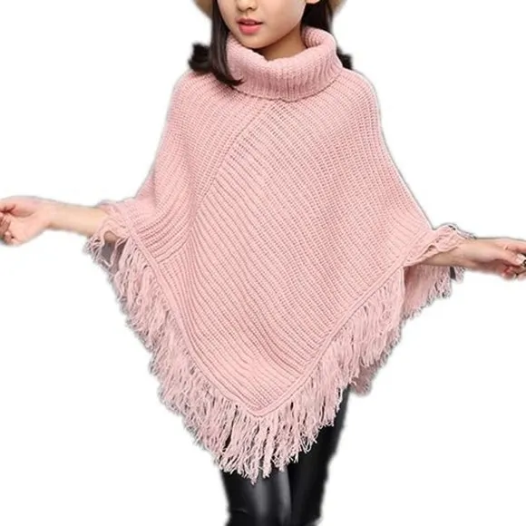 Girls Kids Fall Knitted Pullover Sweaters Poncho Tassel Turtleneck