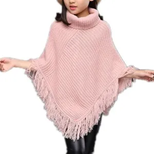 Girls Kids Fall Knitted Pullover Sweaters Poncho Tassel Turtleneck