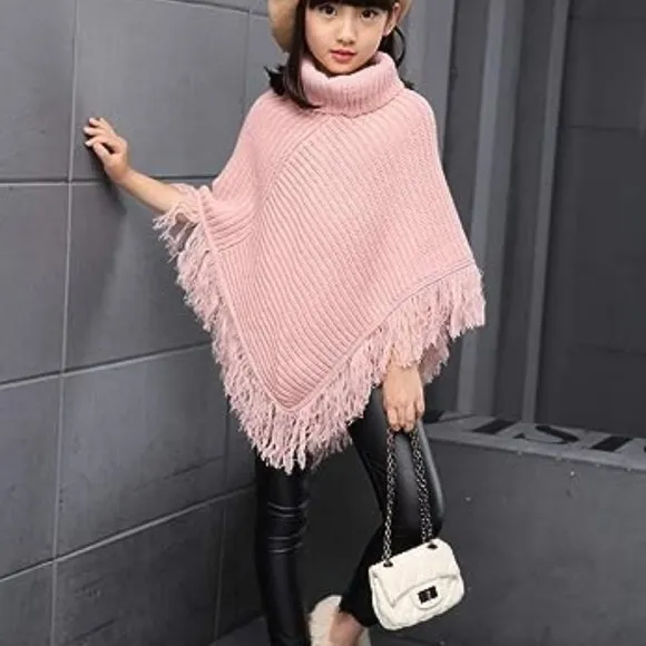 Girls Kids Fall Knitted Pullover Sweaters Poncho Tassel Turtleneck