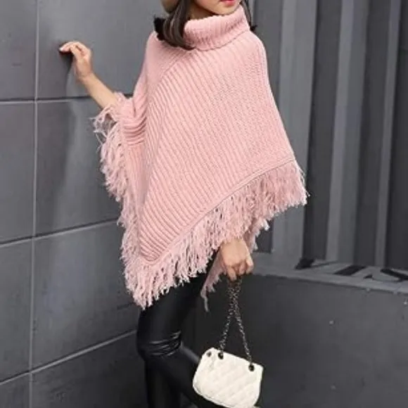 Girls Kids Fall Knitted Pullover Sweaters Poncho Tassel Turtleneck
