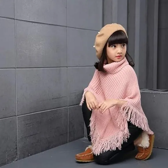 Girls Kids Fall Knitted Pullover Sweaters Poncho Tassel Turtleneck