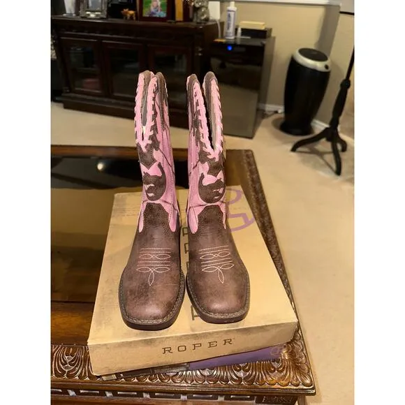 Girls Roper Lacy Faux Leather Pink Square Toe Western Boots. Size 1. NEW in BOX!
