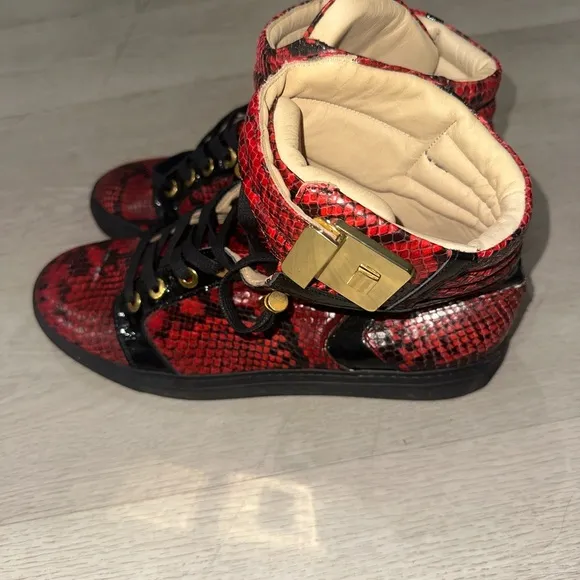 Giuliano Galiano Red and Black Python High-Top Sneakers with Gold Accents