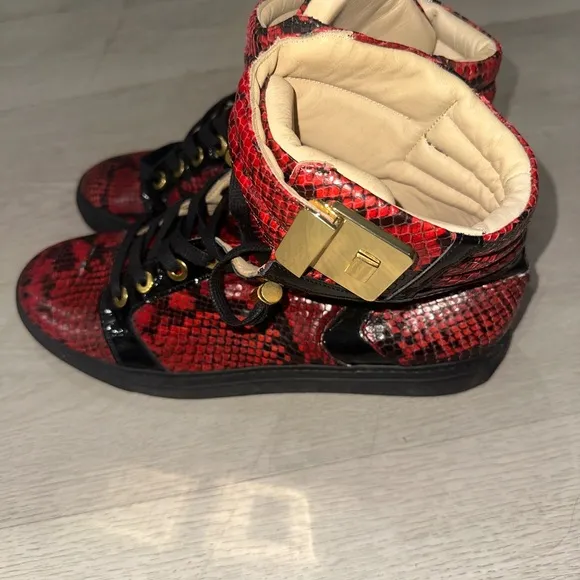 Giuliano Galiano Red and Black Python High-Top Sneakers with Gold Accents