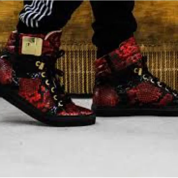 Giuliano Galiano Red and Black Python High-Top Sneakers with Gold Accents