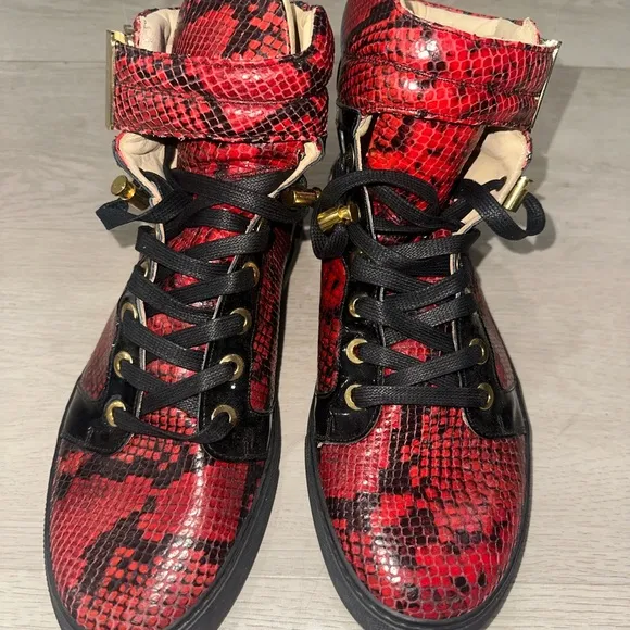 Giuliano Galiano Red and Black Python High-Top Sneakers with Gold Accents