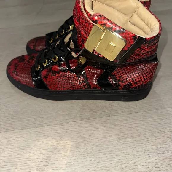 Giuliano Galiano Red and Black Python High-Top Sneakers with Gold Accents