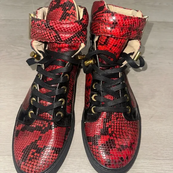 Giuliano Galiano Red and Black Python High-Top Sneakers with Gold Accents