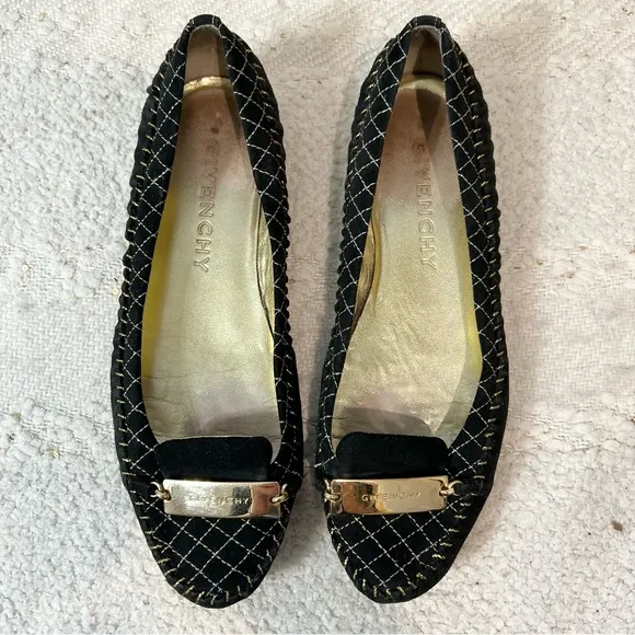 Givenchy Flats Black Suede/Gold Logo Slip On Dress Shoes 6