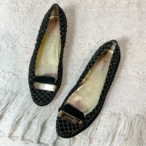 Givenchy Flats Black Suede/Gold Logo Slip On Dress Shoes 6