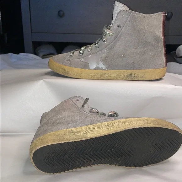 Golden Goose Gray and Gold High-Top Sneakers