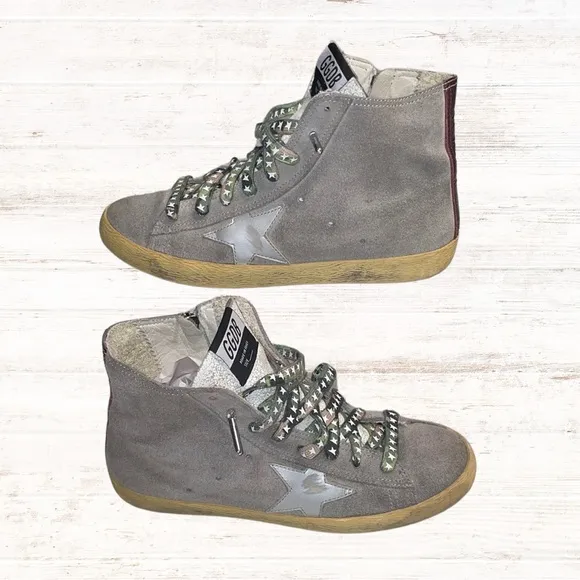 Golden Goose Gray and Gold High-Top Sneakers