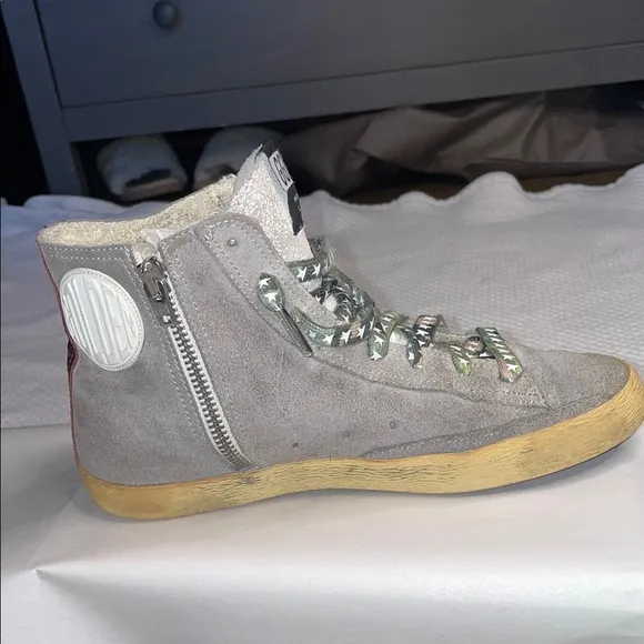 Golden Goose Gray and Gold High-Top Sneakers