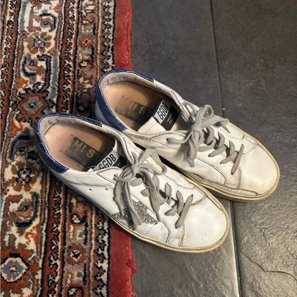 Golden Goose White and Blue Glitter Hi-Star Sneakers