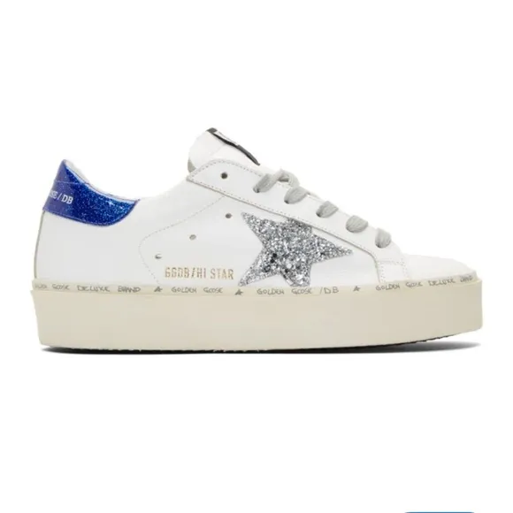 Golden Goose White and Blue Glitter Hi-Star Sneakers