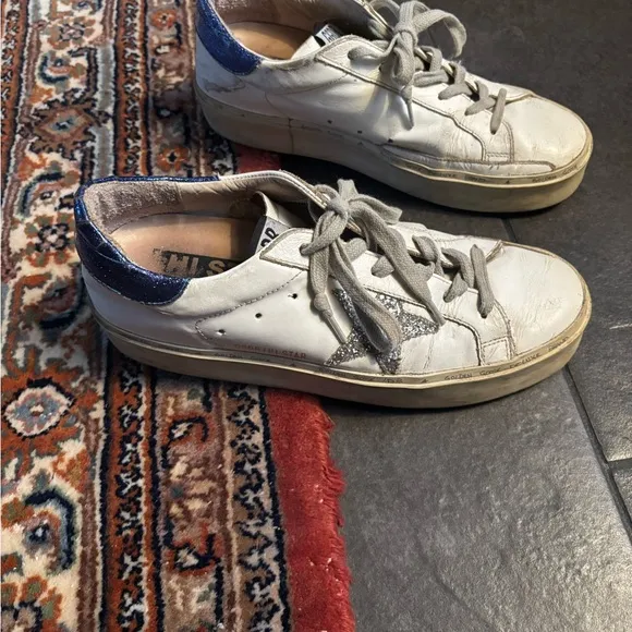 Golden Goose White and Blue Glitter Hi-Star Sneakers