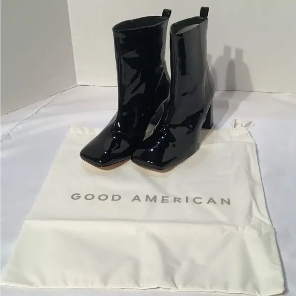 Good American Black High Gloss Patent Leather Booties 3” heel Square Toe  sz 7