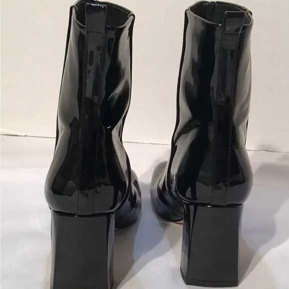 Good American Black High Gloss Patent Leather Booties 3” heel Square Toe  sz 7