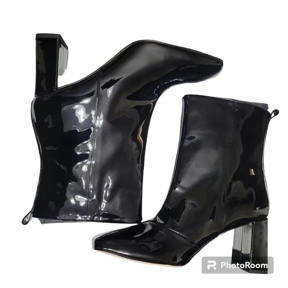 Good American Black Patent Leather Square Toe Block Heel Boots Size 9