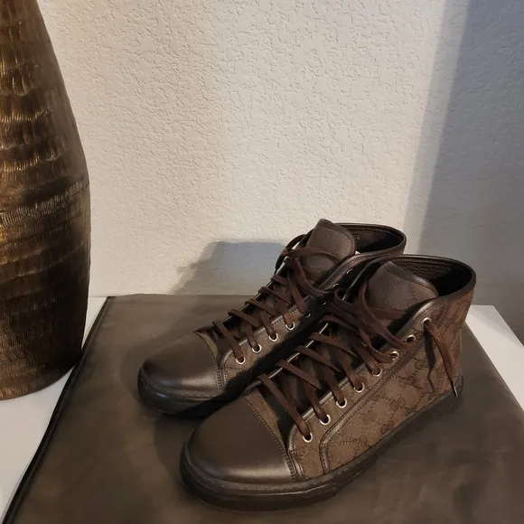 Gucci Brown Leather High-Top Sneakers