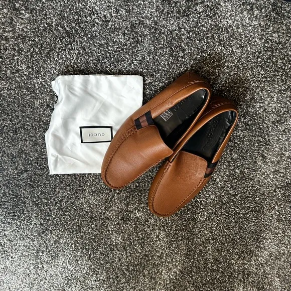 Gucci Brown Tan Leather Loafers Slip-On Shoes