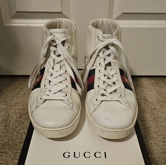 Gucci Calfskin Miro Soft Web Bee Embroidered Mens Ace High Top Sneakers