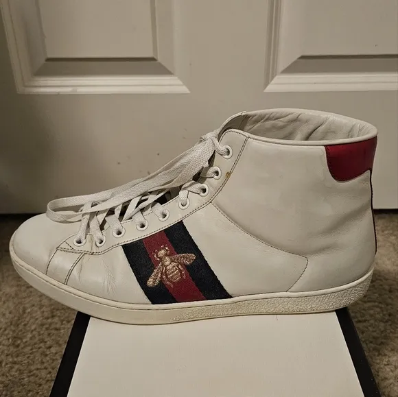 Gucci Calfskin Miro Soft Web Bee Embroidered Mens Ace High Top Sneakers