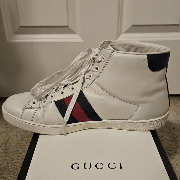 Gucci Calfskin Miro Soft Web Bee Embroidered Mens Ace High Top Sneakers