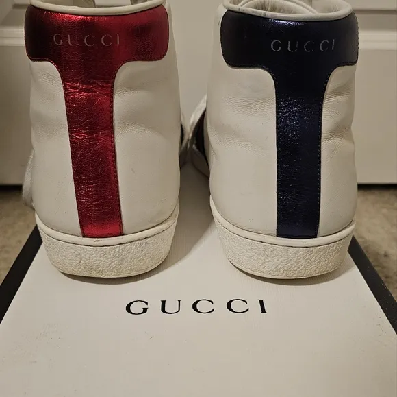 Gucci Calfskin Miro Soft Web Bee Embroidered Mens Ace High Top Sneakers