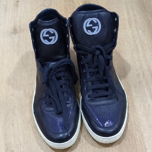Gucci Imprime GG Monogram Navy Blue High-Top Leather Sneakers