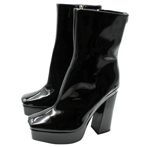 GUESS • Black Leather Square Toe Heeled Boots