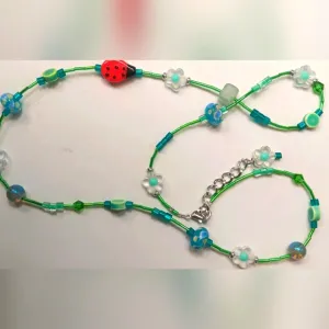 Handcrafted Beaded Long Necklace With Ladybug &amp; Flowers 28&quot; W/2' Extender