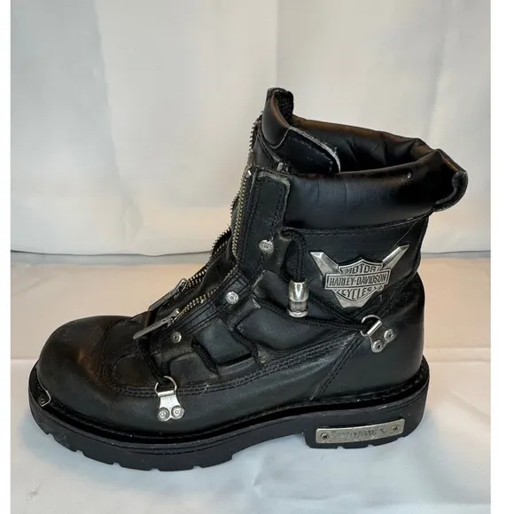 Harley Davidson Motorcycle Boots Sz 8 Platform Front Zip Up Black Leather