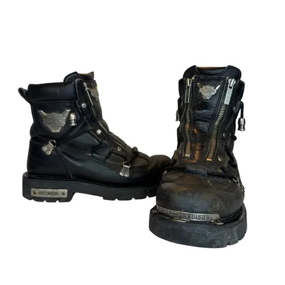 Harley Davidson Motorcycle Boots Sz 8 Platform Front Zip Up Black Leather
