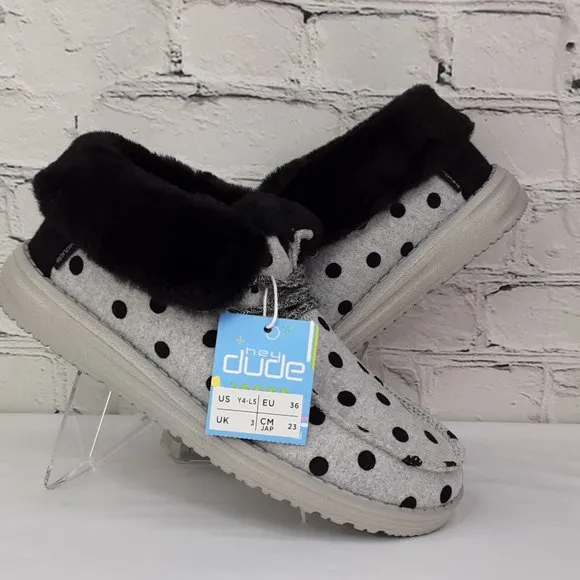 HEY DUDE 'BRITT' FUR LINING SNAP &amp; FOLD CUFF TWO LOOKS IN ONE SHOE BL. POLKA-DOT