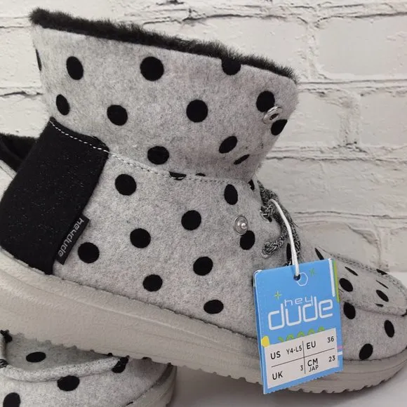 HEY DUDE 'BRITT' FUR LINING SNAP &amp; FOLD CUFF TWO LOOKS IN ONE SHOE BL. POLKA-DOT