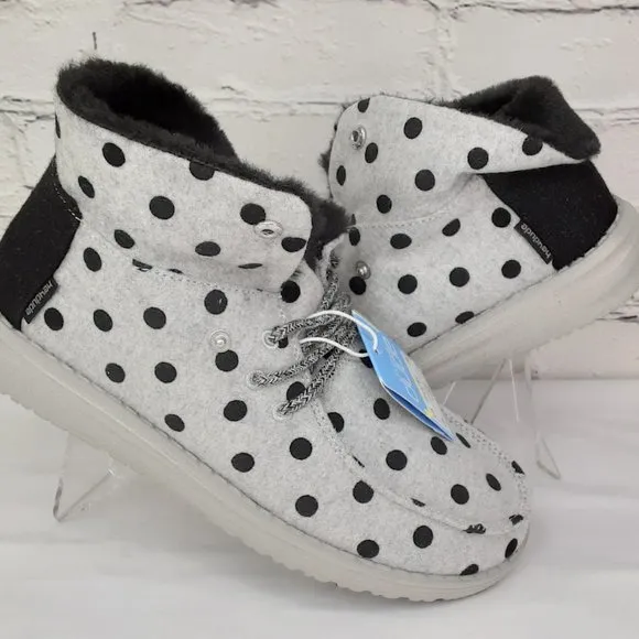 HEY DUDE 'BRITT' FUR LINING SNAP &amp; FOLD CUFF TWO LOOKS IN ONE SHOE BL. POLKA-DOT