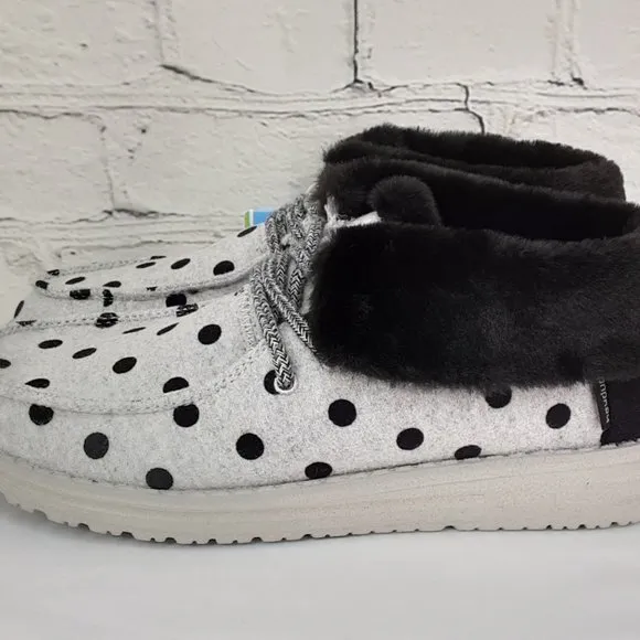HEY DUDE 'BRITT' FUR LINING SNAP &amp; FOLD CUFF TWO LOOKS IN ONE SHOE BL. POLKA-DOT