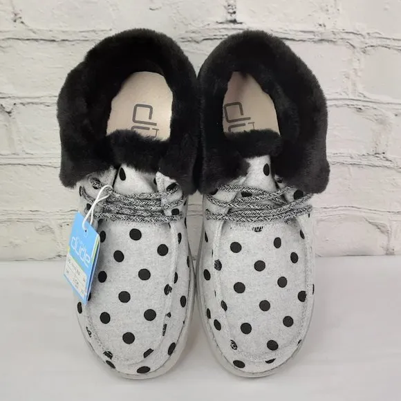 HEY DUDE 'BRITT' FUR LINING SNAP &amp; FOLD CUFF TWO LOOKS IN ONE SHOE BL. POLKA-DOT