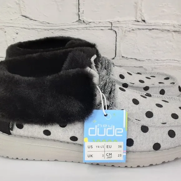 HEY DUDE 'BRITT' FUR LINING SNAP &amp; FOLD CUFF TWO LOOKS IN ONE SHOE BL. POLKA-DOT