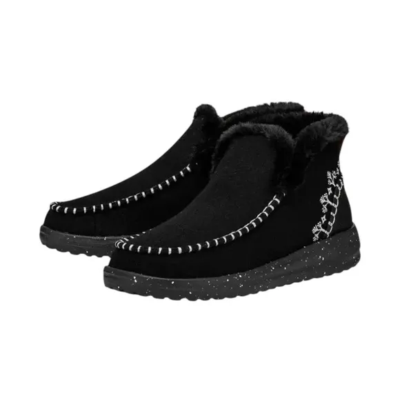 Hey Dude Denny Wool Faux Shearling Boot Black Slip On Comfy Womens Size 9 NIB